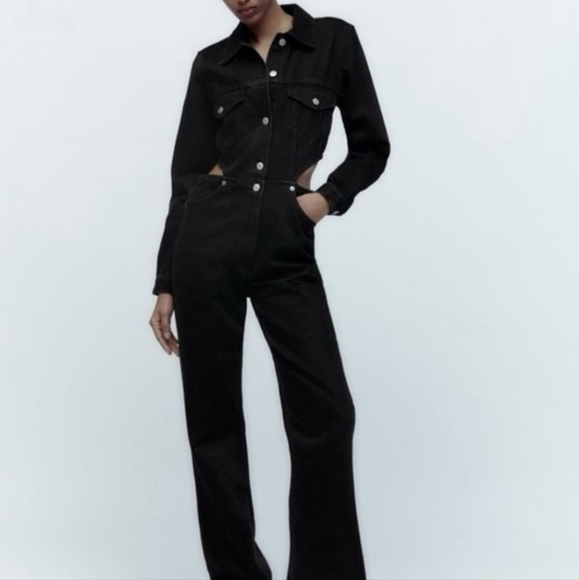 Zara size S Black cutout denim jumpsuit long sleeve - Picture 1 of 9